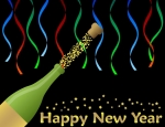 Happy New Year Background with Uncorked Champagne Bottle and Streamers